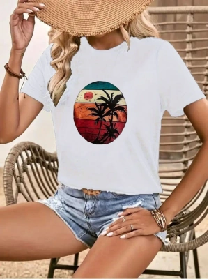 Kadın Kısa Kollu Palmiye Baskılı Viskon Tshirt