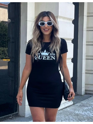 Kadın Kısa Kollu Queen Baskı Iki Iplik Mini Elbise
