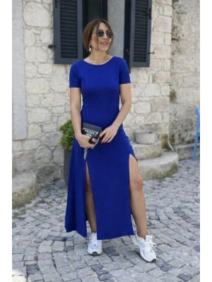 Kadın Kısa Kollu Sırt Dekolteli Yırtmaç Detaylı Viskon Elbise