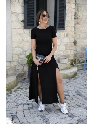 Kadın Kısa Kollu Sırt Dekolteli Yırtmaç Detaylı Viskon Elbise