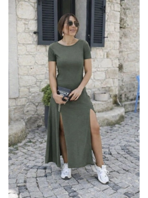 Kadın Kısa Kollu Sırt Dekolteli Yırtmaç Detaylı Viskon Elbise