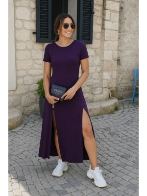 Kadın Kısa Kollu Sırt Dekolteli Yırtmaç Detaylı Viskon Elbise