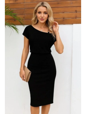 Kadın Kısa Kollu Tek Omuz Askı Ve Aksesuar Detay Beli Lastikli Krep Elbise