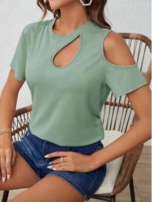 Kadın Kısa Kollu Tek Omuzu Açık Damla Detaylı Viskon Bluz