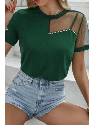 Kadın Kısa Kollu Tül Detaylı Taşlı Janjan Krep Bluz