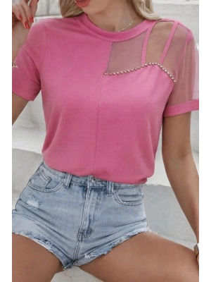 Kadın Kısa Kollu Tül Detaylı Taşlı Janjan Krep Bluz