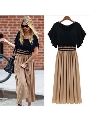 Kadın Kısa Kollu üst Viskon Alt Astarlı şifon Beli Lastikli Elbise