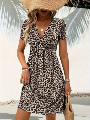 Kadın Kısa Kollu V çapraz Yaka Detaylı Desenli Süprem Elbise