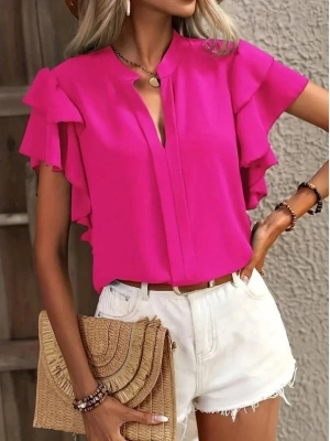 Kadın Kısa Kollu V Hakim Yaka Kolları Fırfırlı Dubai Bluz