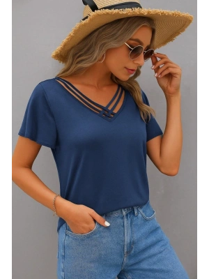 Kadın Kısa Kollu V şerit Yakalı Viskon Bluz