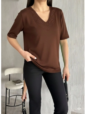 Kadın Kısa Kollu V Yaka Ajurlu Triko BluZ