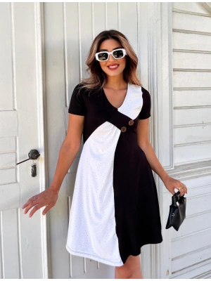 Kadın Kısa Kollu V Yaka Asimetrik Siyah Beyaz Geçişli Diz üstü Elbise