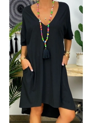 Kadın Kısa Kollu V Yaka Cepli Bürümcük Salaş Elbise