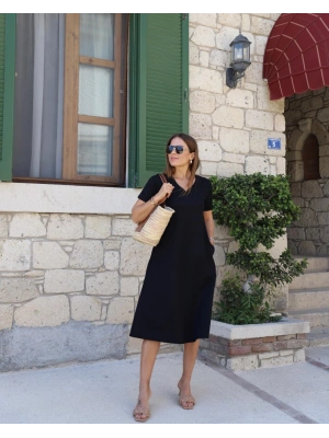 Kadın Kısa Kollu V Yaka Cepli Midi Boy Viskon Elbise