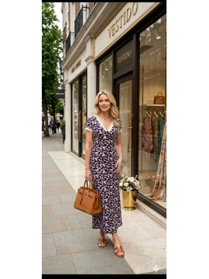 Kadın Kısa Kollu V Yaka çiçek Baskılı Dantel Detay axi Boy ikralı Viskon Elbise