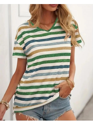 Kadın Kısa Kollu V Yaka çizgili Süprem Tshirt