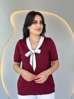 Kadın Kısa Kollu V Yaka Fular Detay Merserize Triko Bbluz
