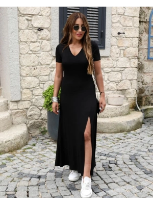 Kadın Kısa Kollu V Yaka Maxi Boy Elbise 124 Cm