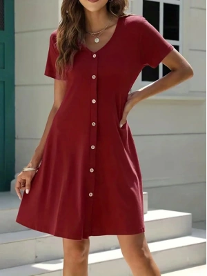 Kadın Kısa Kollu V Yaka önü Düğmeli Viskon Elbise