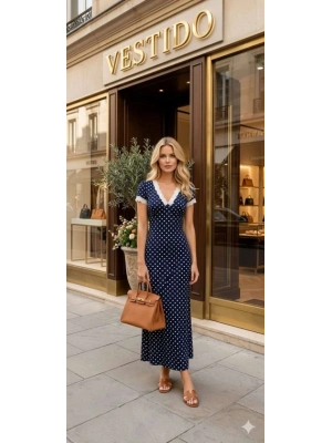 Kadın Kısa Kollu V Yaka Puantiyeli Dantel Detay axi Boy Likralı Viskon Elbise