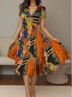 Kadın Kısa Kollu V Yaka Renkli Karışık Desen Kloş Süprem Midi Elbise