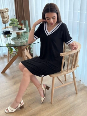 Kadın Kısa Kollu V Yaka Ribana Detaylı Cepli Dizüstü Viskon Elbise