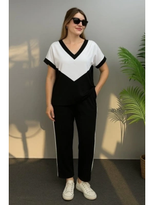 Kadın Kısa Kollu V Yaka Siyah Beyaz Renkli Viskon Iki Iplik Kumaş Eşofman Takımı