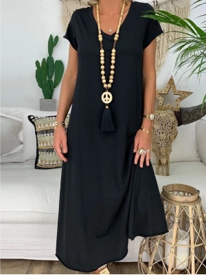 Kadın Kısa Kollu V Yaka Süprem Tam Boy Elbise