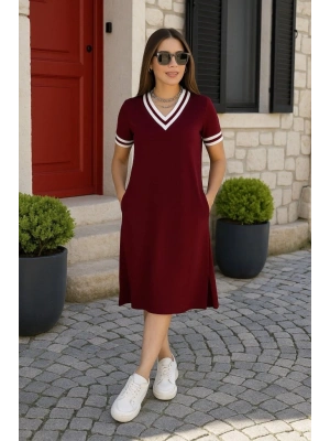 Kadın Kısa Kollu V Yaka Ve Yaka Ribana Detay Midiboy Viskon Elbise
