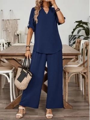 Kadın Kısa Kollu V Yakalı Aerobin Bluz Ve Pantolon Ikili Takım