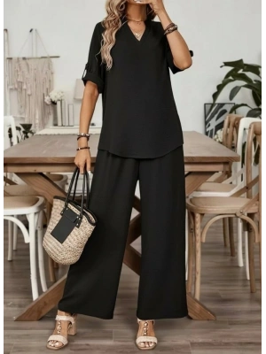 Kadın Kısa Kollu V Yakalı Aerobin Bluz Ve Pantolon Ikili Takım