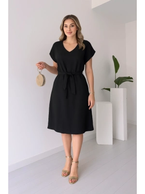 Kadın Kısa Kollu V Yakalı Beli Kuşaklı Ithal Keten Elbise