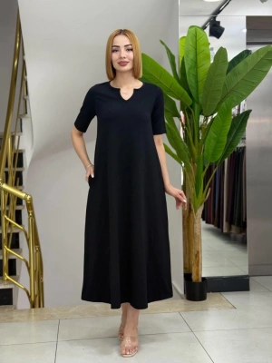 Kadın Kısa Kollu V Yakalı Cep Detaylı Uzun Janjan Krep Elbise