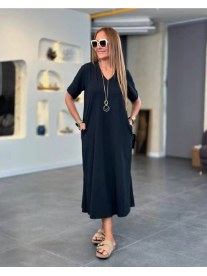 Kadın Kısa Kollu V Yakalı Cep Detaylı Uzun Viskon Iki Iplik Elbise