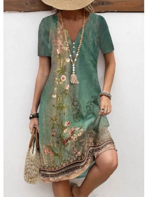 Kadın Kısa Kollu V Yakalı çiçek Baskılı Midi Süprem Elbise