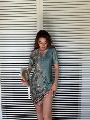 Kadın Kısa Kollu V Yakalı çiçek Baskılı Midi Süprem Elbise