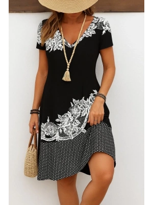 Kadın Kısa Kollu V Yakalı çiçek Baskılı Süprem Elbise