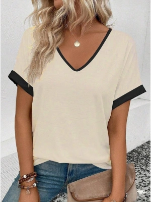 Kadın Kısa Kollu V Yakalı çift Renkli Viskon Bluz