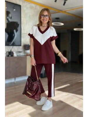 Kadın Kısa Kollu V Yakalı çift Renkli Viskon Iki Iplik Ikili Bluz Ve Pantolon Takım