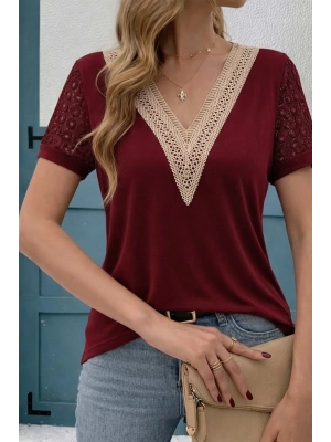 Kadın Kısa Kollu V Yakalı Dantel Detaylı Viskon Bluz