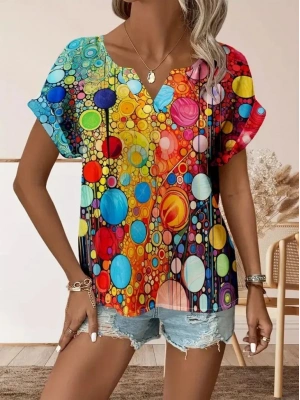 Kadın Kısa Kollu V Yakalı Desenli Süprem Bluz