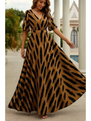 Kadın Kısa Kollu V Yakalı Desenli Süprem Elbise