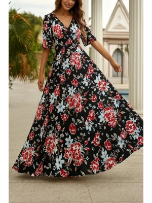 Kadın Kısa Kollu V Yakalı Desenli Süprem Elbise