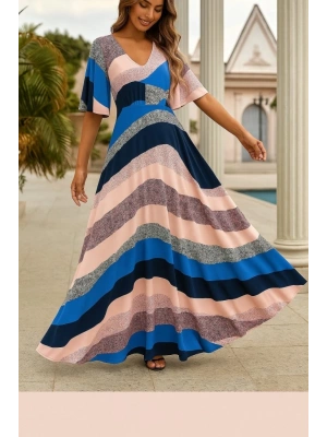 Kadın Kısa Kollu V Yakalı Desenli Süprem Elbise