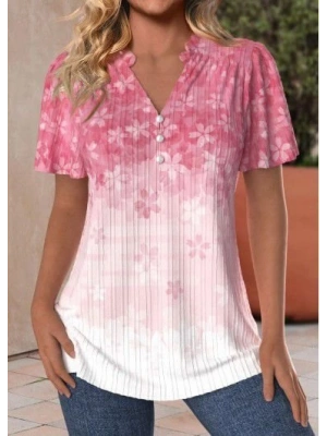 Kadın Kısa Kollu V Yakalı Düğmeli çiçek Baskılı Pamuk Bluz