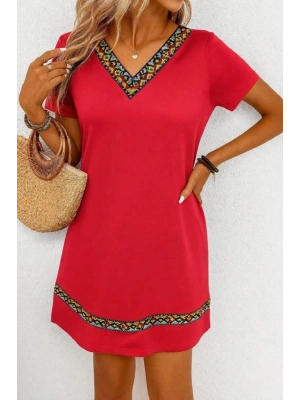 Kadın Kısa Kollu V Yakalı Etnik Desen şerit Detaylı Viskon Elbise