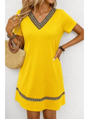 Kadın Kısa Kollu V Yakalı Etnik Desen şerit Detaylı Viskon Elbise