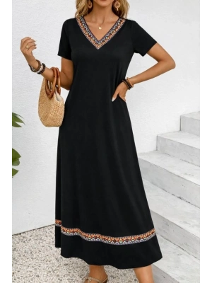 Kadın Kısa Kollu V Yakalı Etnik şerit Detaylı Uzun Viskon