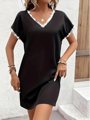 Kadın Kısa Kollu V Yakalı Janjan Krep Elbise