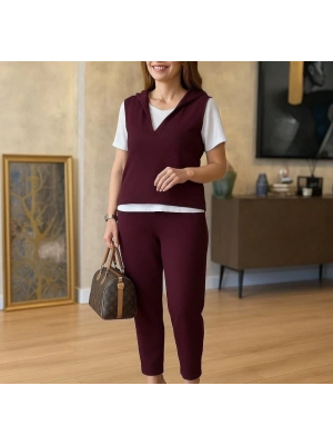 Kadın Kısa Kollu V Yakalı Kapşonlu Viskon Iki Iplik Bluz Ve Pantolon Takım